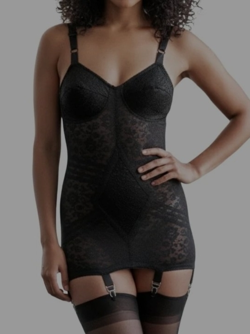 Rago Black Lace Shapewear Slip with Garter Straps